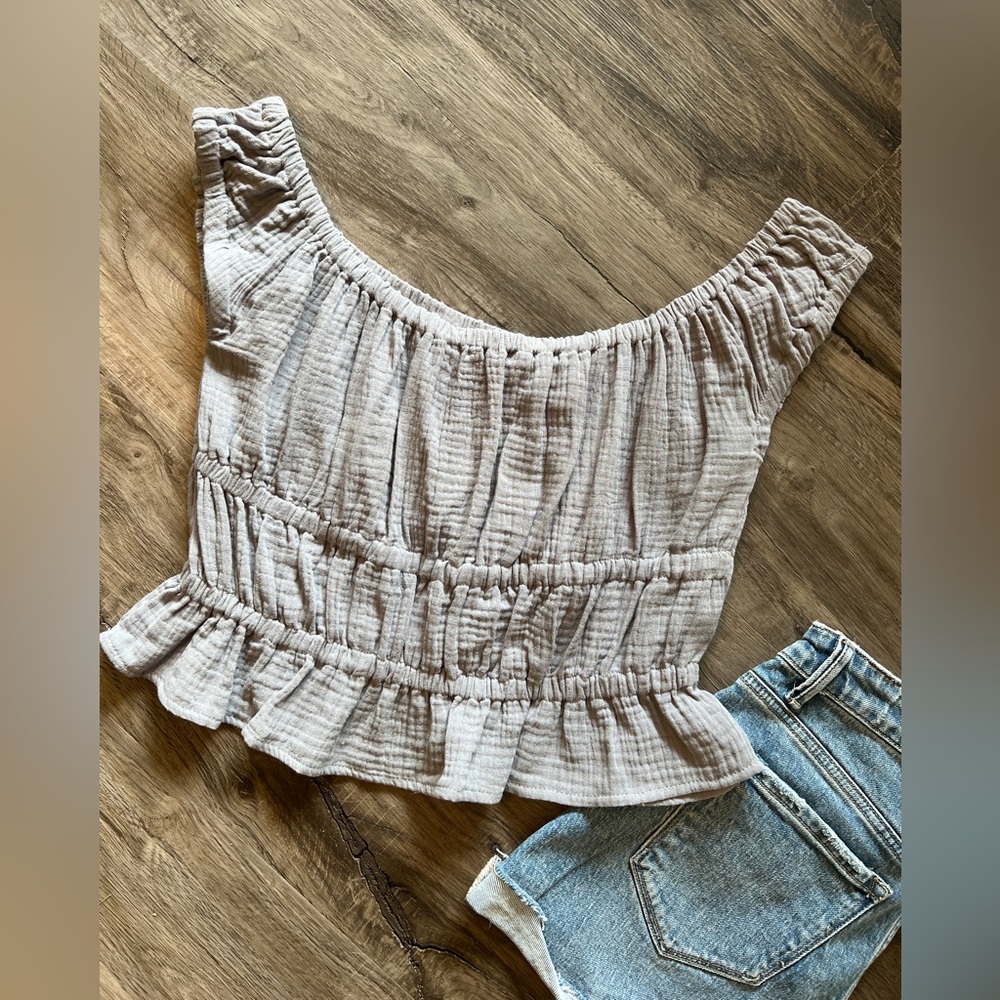 By Together Gray Blue Smocked Ruffled Top